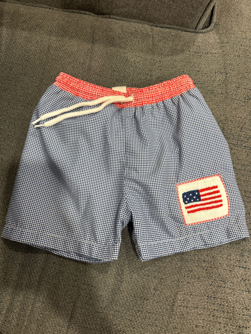 Toddler Blue Gingham Swim Trunks with Red Waistband and Flag Patch
